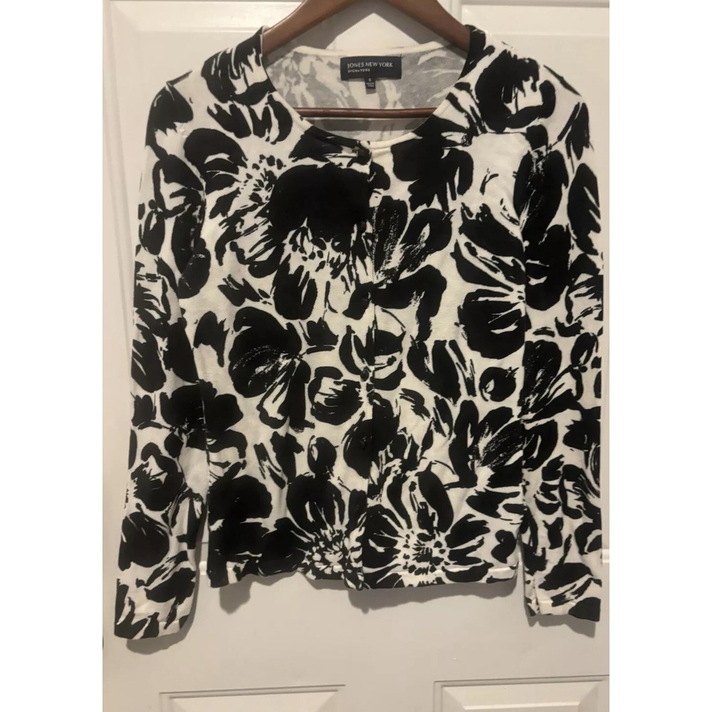 Jones New York Sweater Floral Signature Women's Cardigan‎ S Black White
